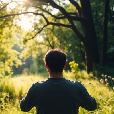 Person praying peacefully in a serene natural setting.