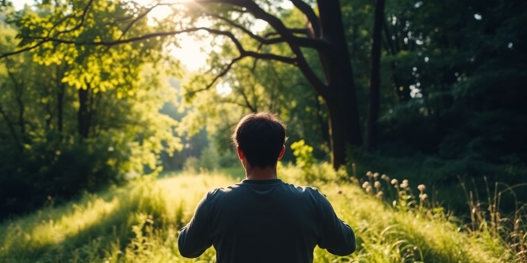 Person praying peacefully in a serene natural setting.