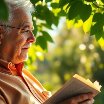 Older adult reading a devotional book in a garden.