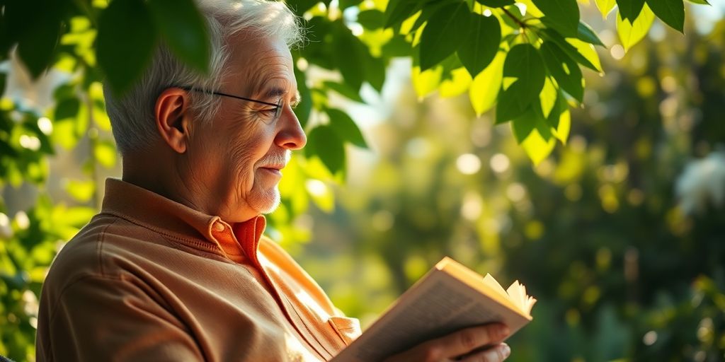 Older adult reading a devotional book in a garden.
