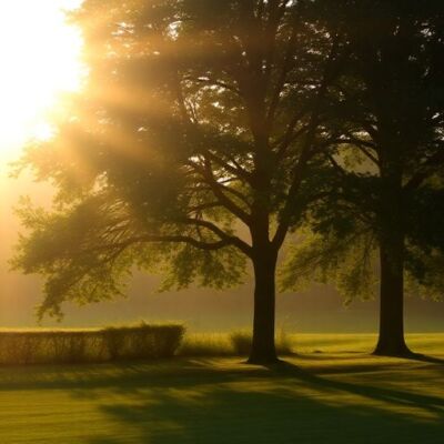 Peaceful morning landscape with sunlight and serene nature.