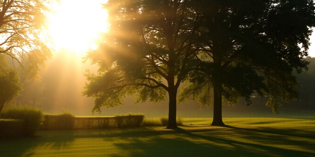 Peaceful morning landscape with sunlight and serene nature.