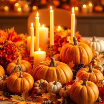 Thanksgiving table with autumn decorations and delicious food.