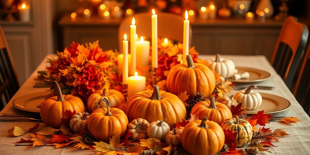 Thanksgiving table with autumn decorations and delicious food.