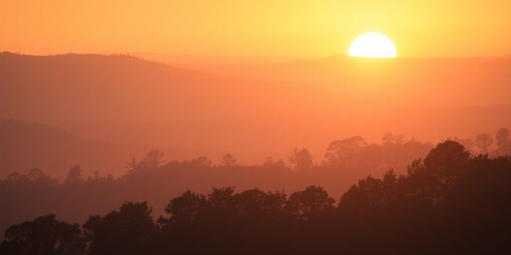 Silhouette of trees against a tranquil morning landscape.