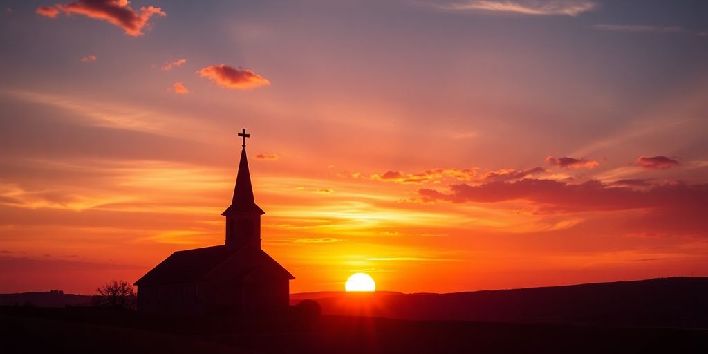 Silhouetted church and sunset landscape for Good Friday service.