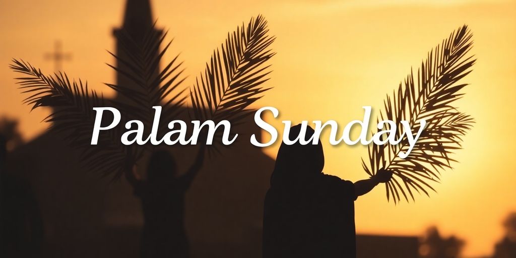 Silhouetted figures with palm branches at sunset.