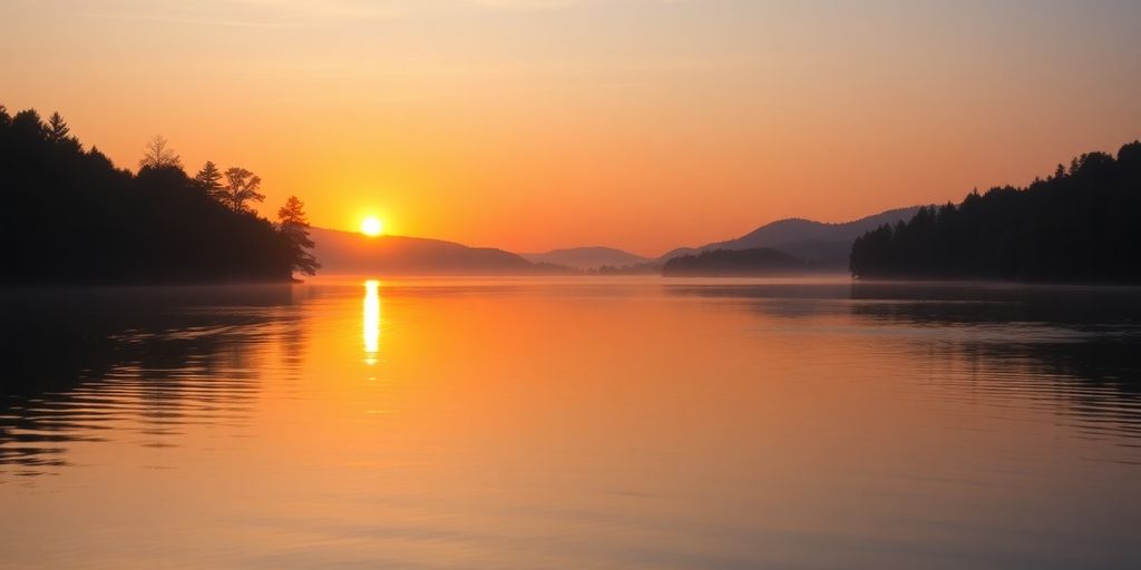 Silhouetted landscape of tranquil lake and trees at sunset.