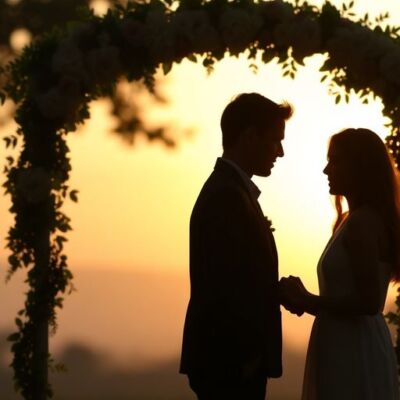 Silhouettes under a floral arch at sunset.