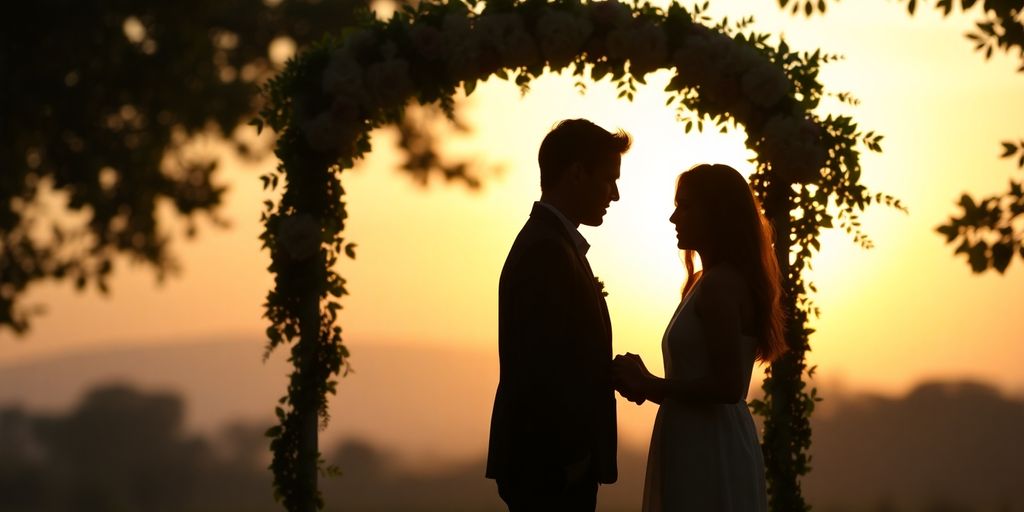 Silhouettes under a floral arch at sunset.