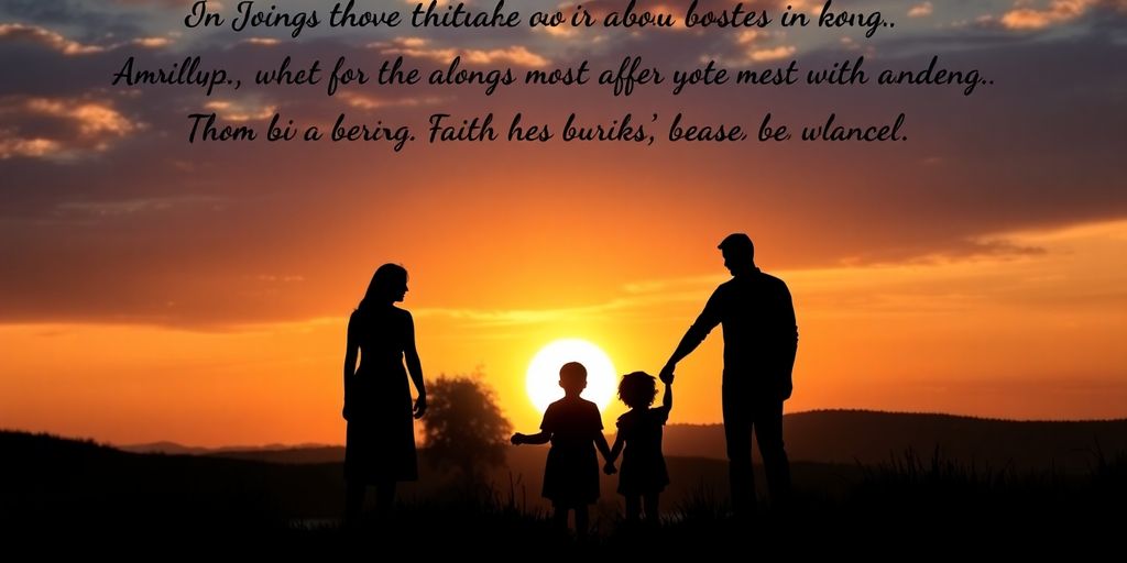 Silhouettes of a family against a colorful sunset.