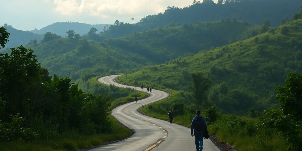 Silhouettes traveling on a peaceful road through nature.