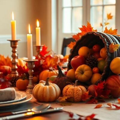 Silhouetted table setting for Thanksgiving celebration with fall decor.