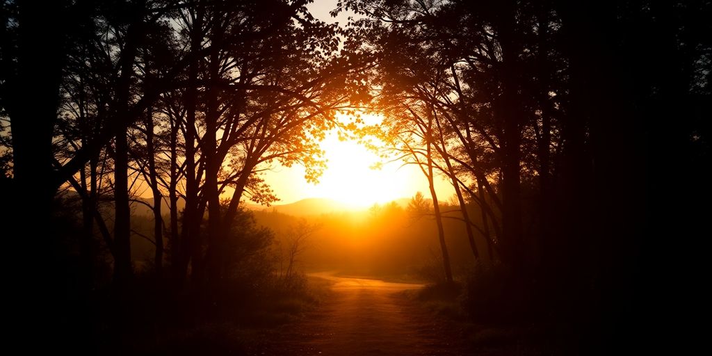 Silhouetted trees along a path at sunrise.