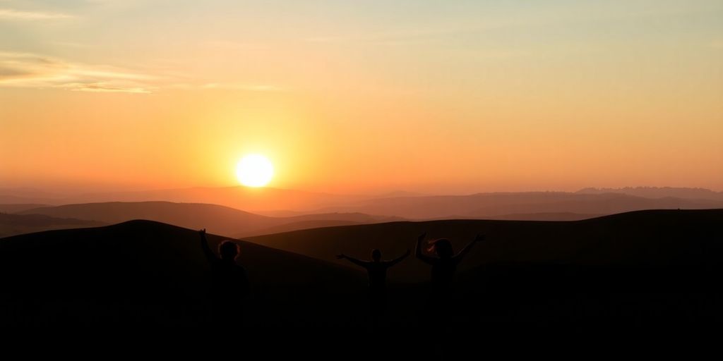 Silhouettes celebrating under a bright, colorful sunrise.