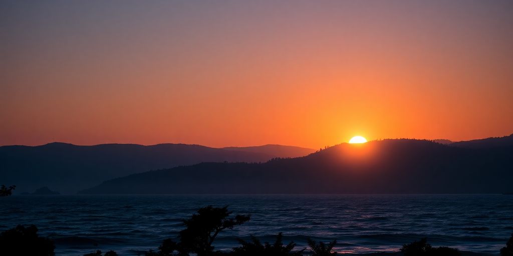 Silhouetted landscape at sunrise with soft, peaceful colors.