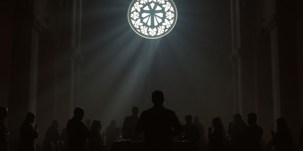 Silhouettes of people praying together in a church setting.