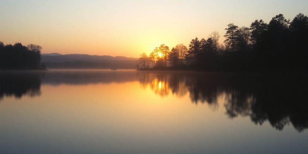 Silhouette of trees by a calm lake at sunrise.
