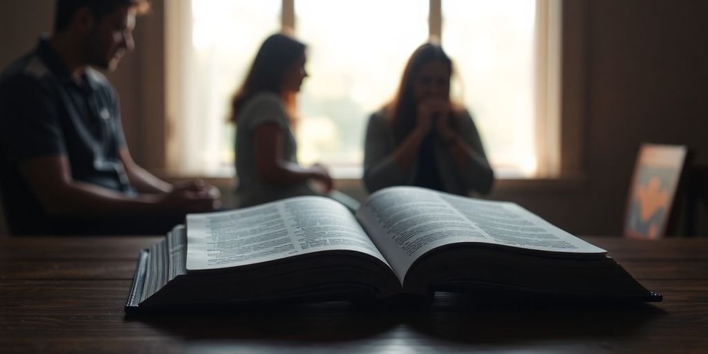 Silhouettes in a serene setting with an open Bible.