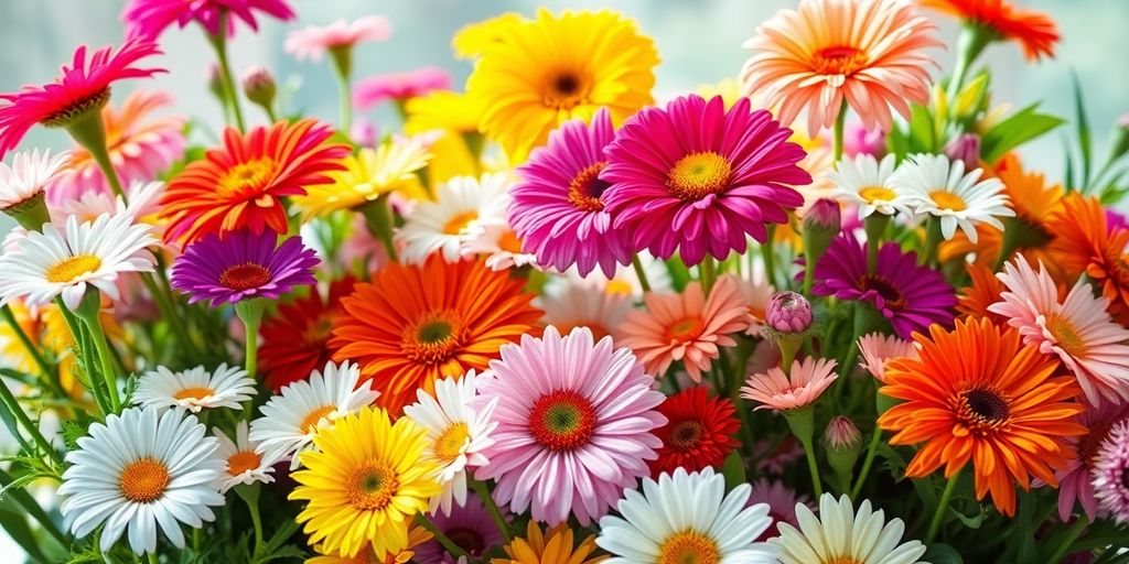 Colorful flowers in a bright, sunny outdoor setting.