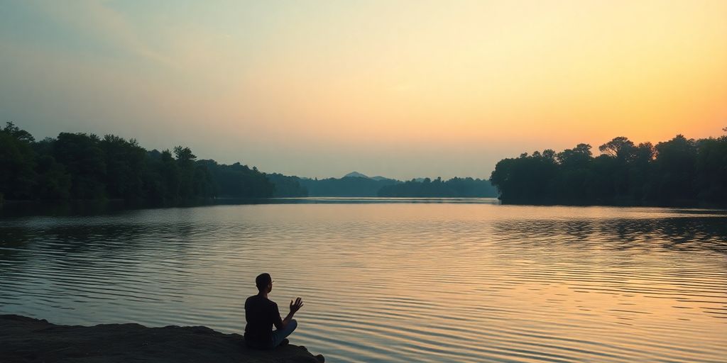 Silhouettes meditating by a tranquil lake at sunset.