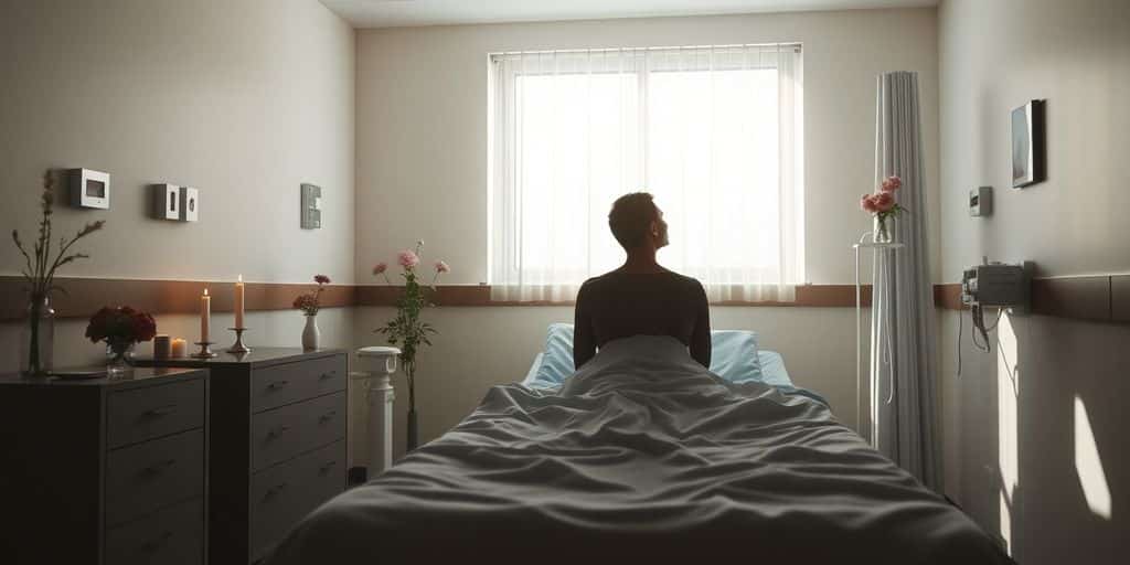 Silhouette in a calming hospital room with flowers.