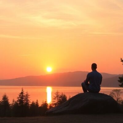 Person meditating by a tranquil lake at sunrise.