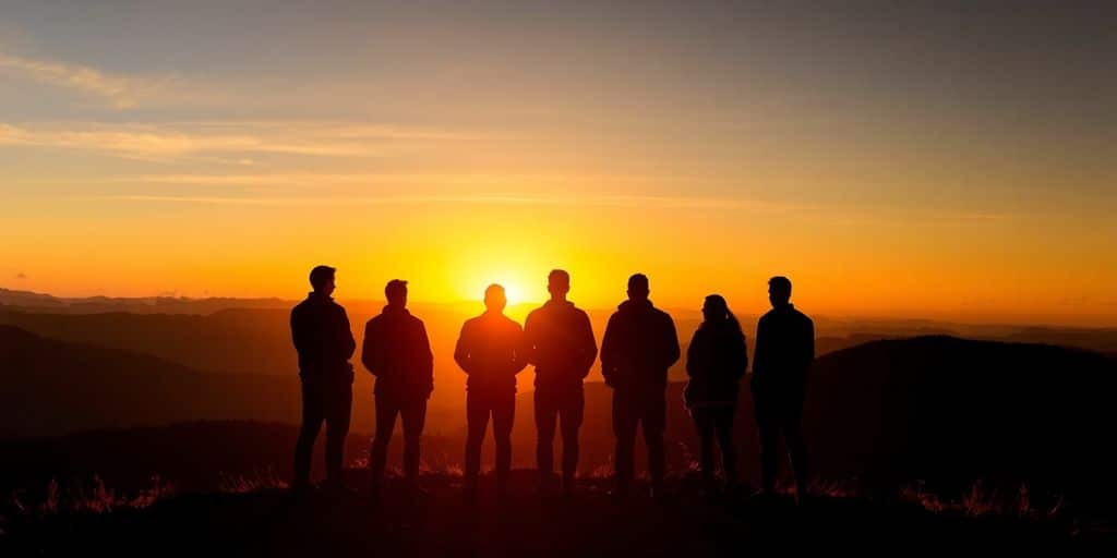 Silhouettes on a hilltop at sunrise, symbolizing unity.