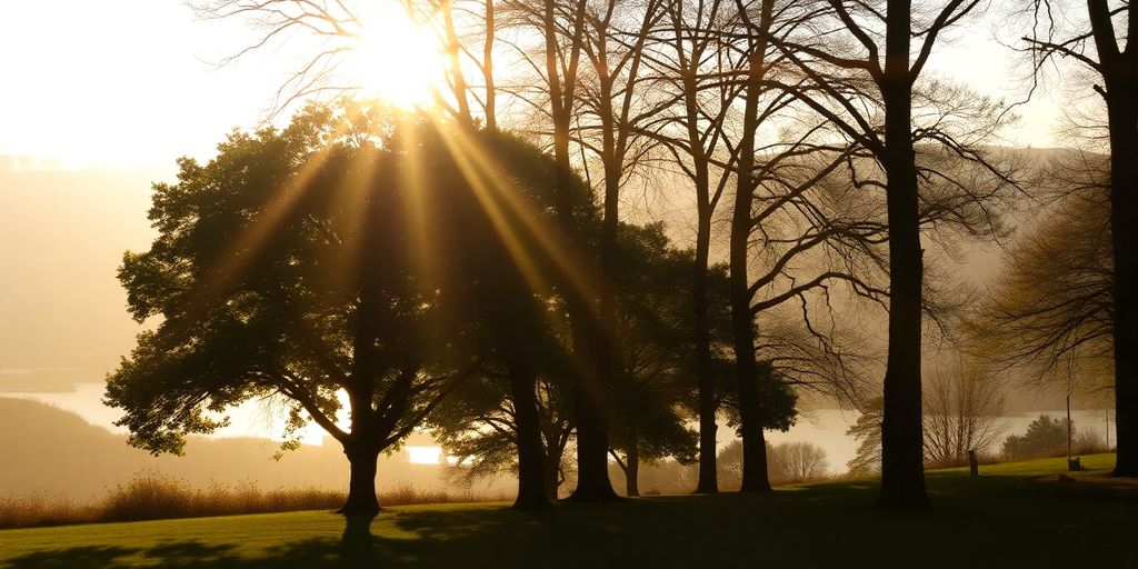 Silhouettes against a tranquil morning landscape with sunlight.