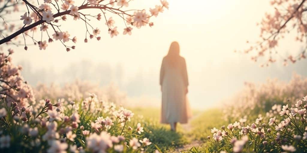 Silhouettes in a blooming landscape during Easter season.
