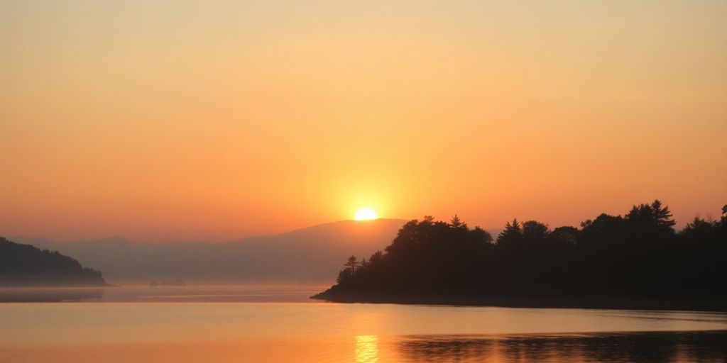 Silhouetted trees at sunset over a tranquil lake.