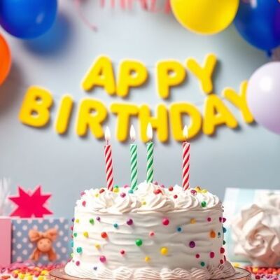 Colorful balloons and cake at a festive birthday party.