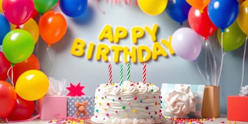 Colorful balloons and cake at a festive birthday party.