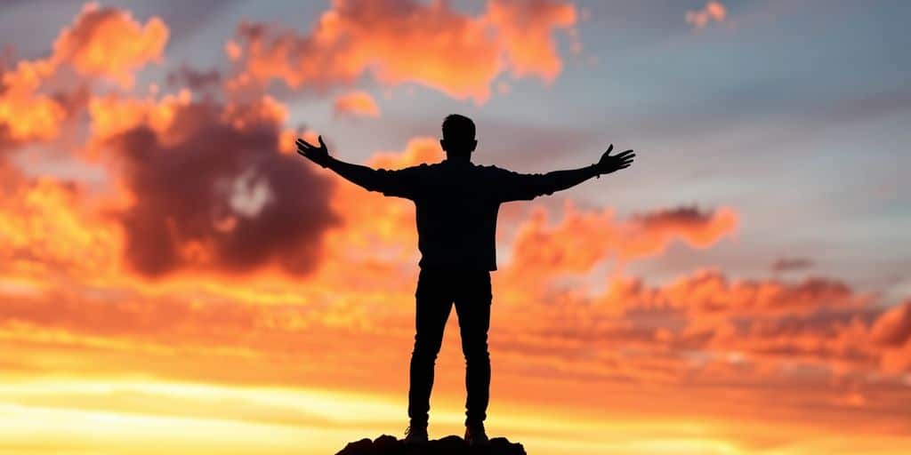 Silhouette on a mountain peak against a colorful sunset.