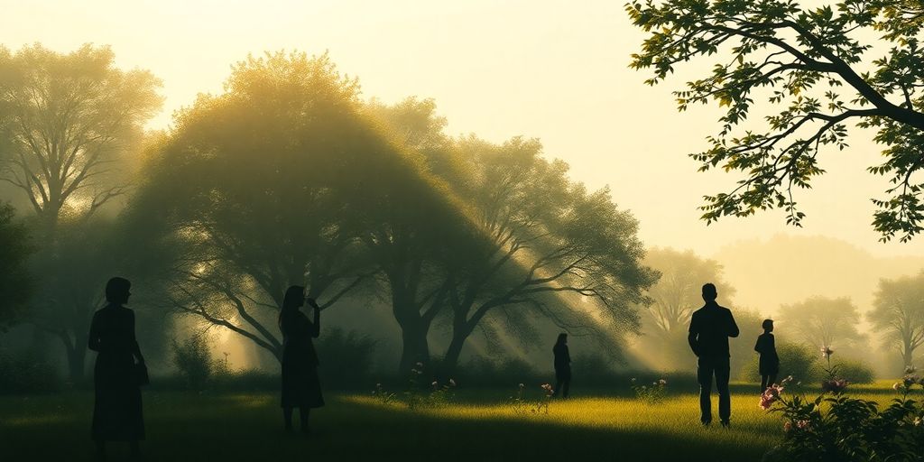 Silhouette of people in a peaceful garden setting.