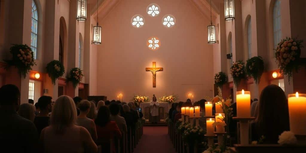 Silhouettes of people praying in a decorated church.
