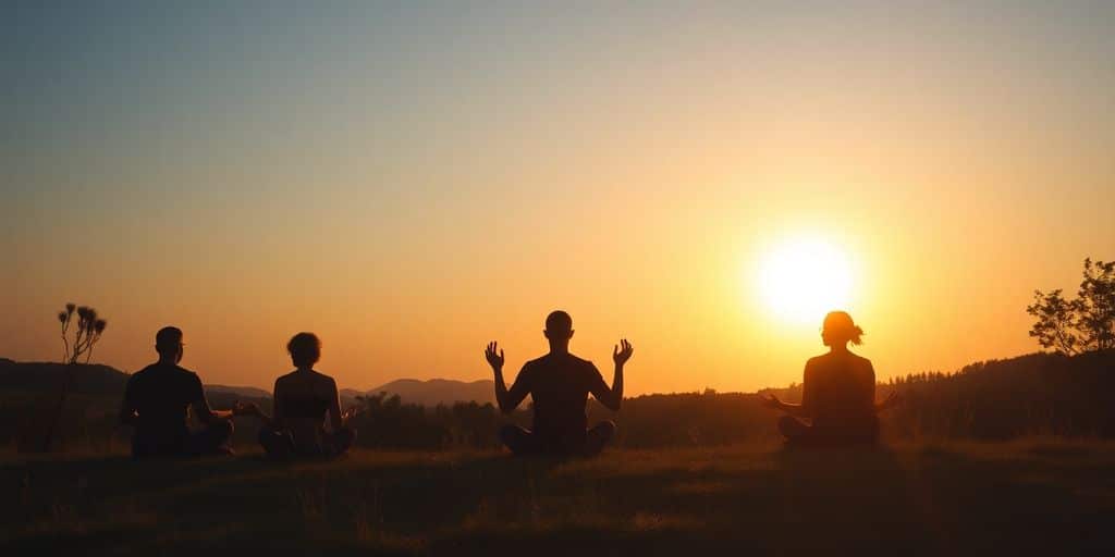 Silhouettes meditating against a serene sunset landscape.
