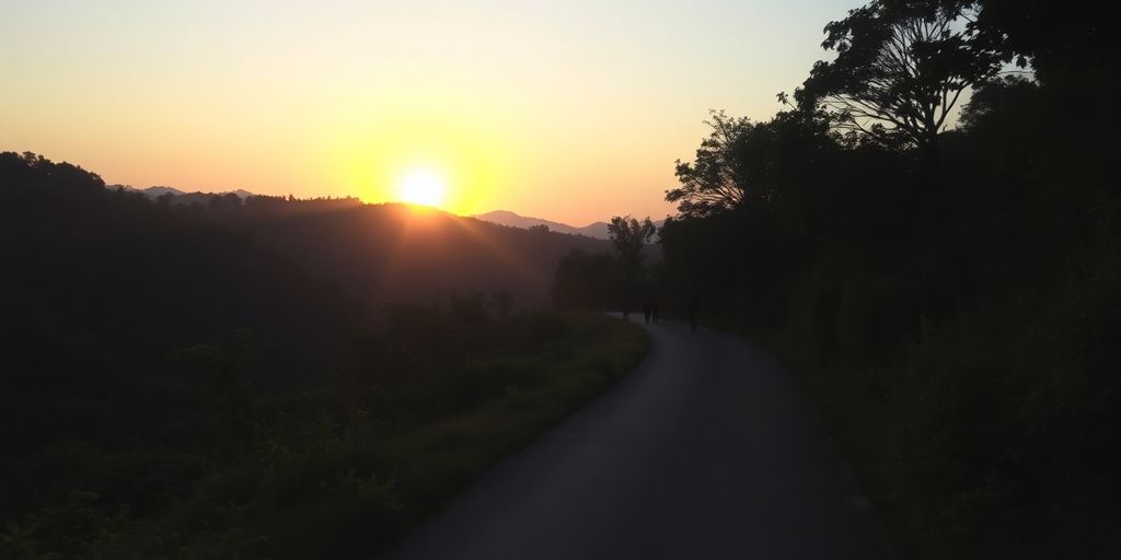 Silhouettes traveling on a peaceful road at sunset.