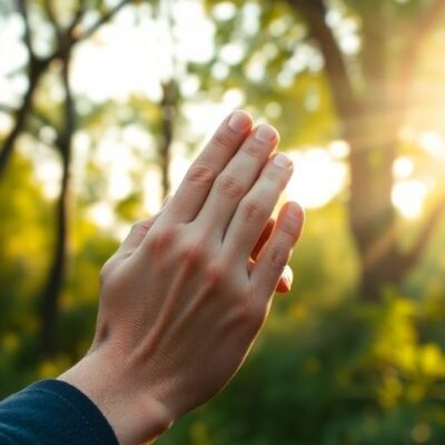 Hands clasped in prayer amidst a beautiful natural landscape.