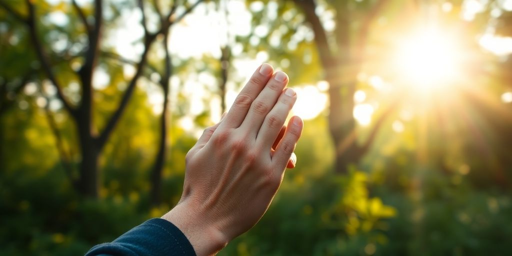 Hands clasped in prayer amidst a beautiful natural landscape.