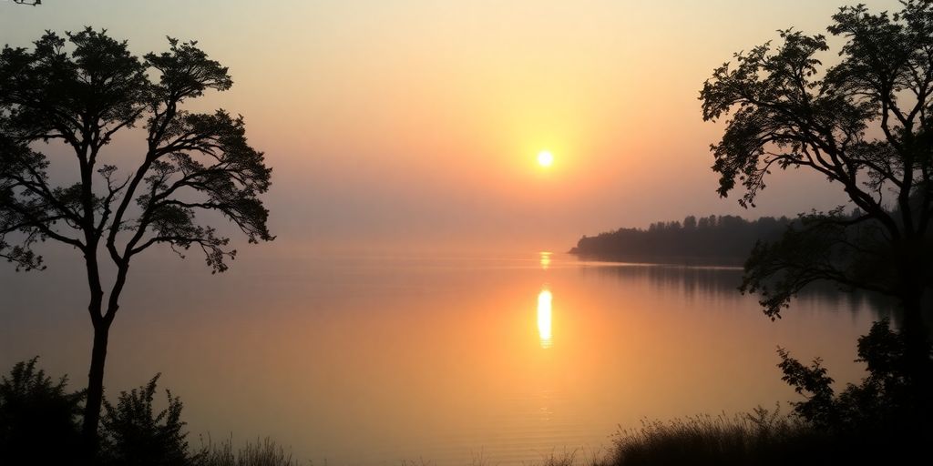 Silhouette of trees by a peaceful sunrise lake.