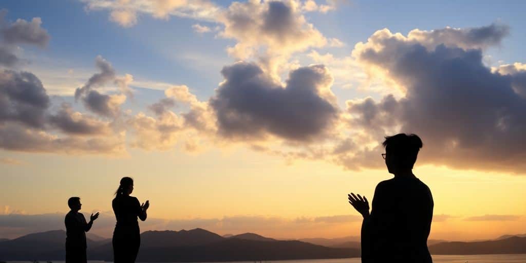 Silhouetted figures in prayer against a sunrise backdrop.
