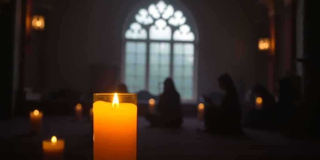 Silhouettes praying in a softly lit peaceful environment.