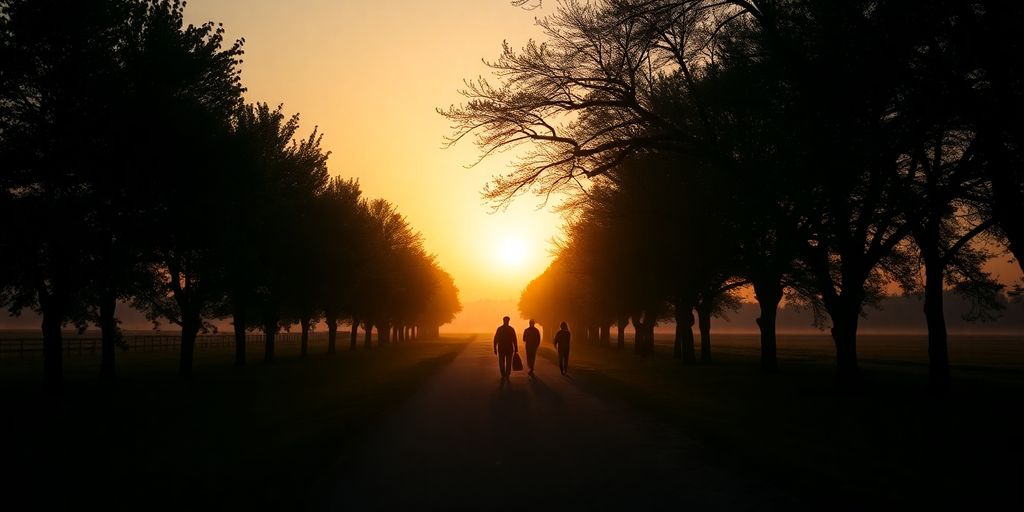 Silhouettes walking on a peaceful sunrise path.