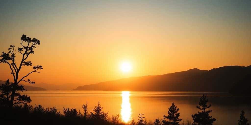 Silhouette landscape of sunrise over a tranquil lake.