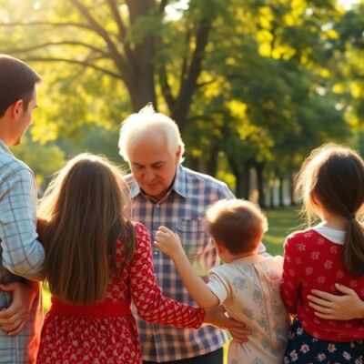 Family togetherness in a peaceful outdoor setting.