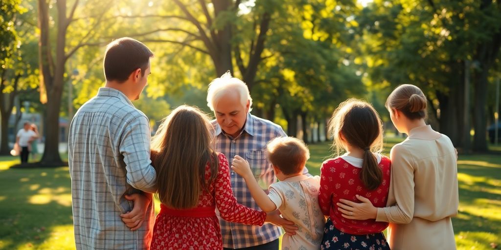 Family togetherness in a peaceful outdoor setting.