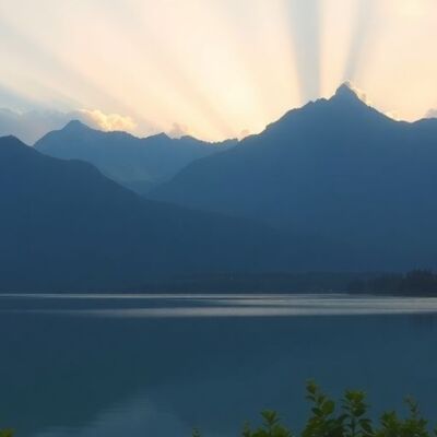 Peaceful sunrise over mountains and calm reflective lake.