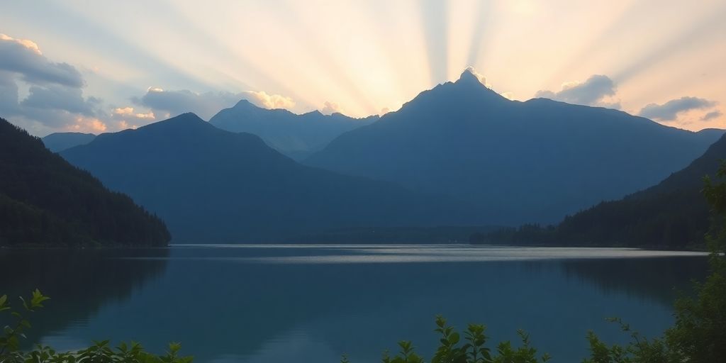 Peaceful sunrise over mountains and calm reflective lake.